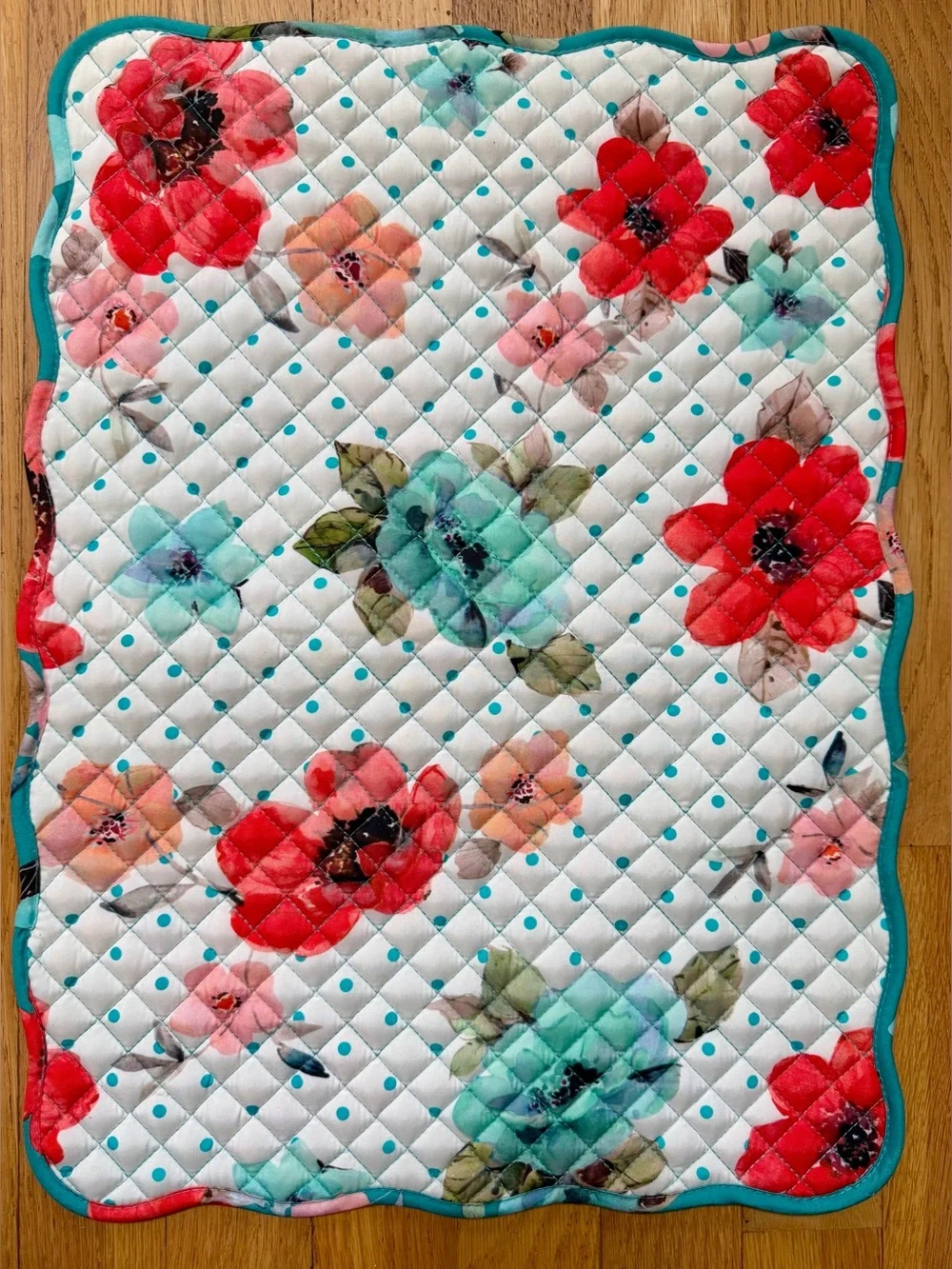 Reversible Quilted Floral Table Runner 4 Placemats Set Teal Cottagecore